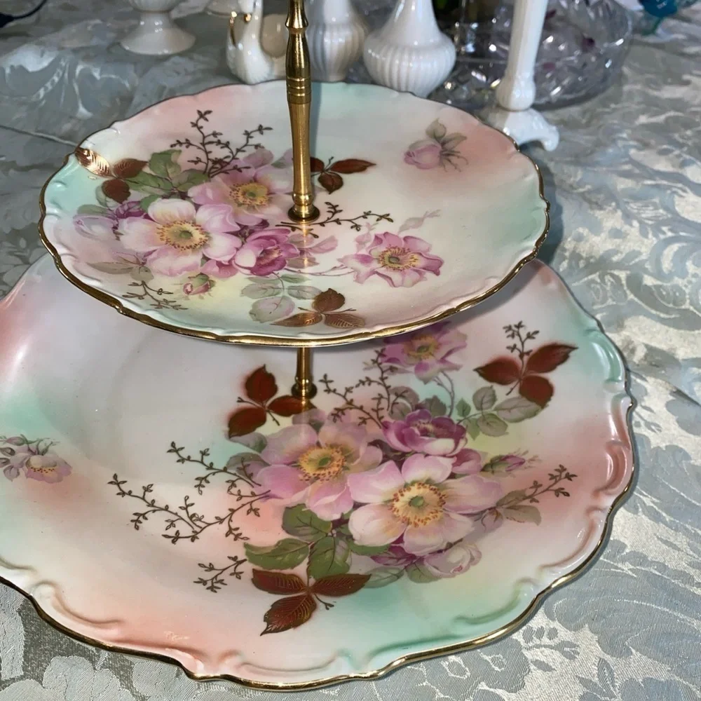 VINTAGE GERMAN SCHUMANN ARZBERG‎ PORCELAIN TWO-TIERED ‘WILD ROSE’ SERVING TRAY